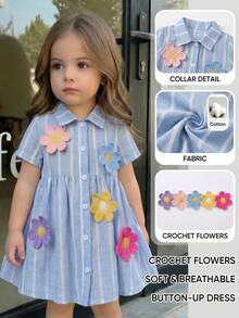 SHEIN Baby Girl Woven Cute Vacation Summer Blue & White Striped Short Sleeve Collar Cute Floral Dress - Multicolor - View 1