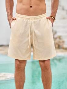 Mercer Haus Men's Summer Vacation Solid Color Drawstring Waist Slant Pocket Shorts - Apricot - View 7