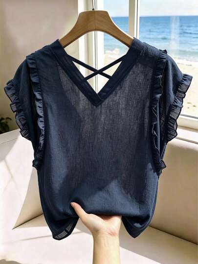 Franclia Blus Vintage Prancis Tanpa Lengan Bahan Chiffon Warna Biru Tua dengan Hiasan Ruffle dan Kerah V Silang di Belakang untuk Wanita Musim Panas