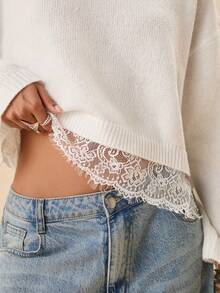 Easelle Vintage Casual Elegant Bohemian Round Neck Lace Patchwork Women's Sweater Evening White Autumn - White - View 6
