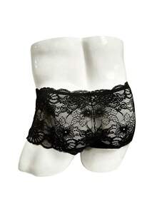 SHEIN 1pc Men's Low Waist Sexy Lace Boxer Briefs - Black - View 2