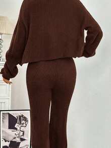 SHEIN EZwear 2件組女款休閒純色寬肩帶開襟衫與抽繩腰喇叭褲套裝，秋冬穿搭 - 咖啡棕 - 查看 7