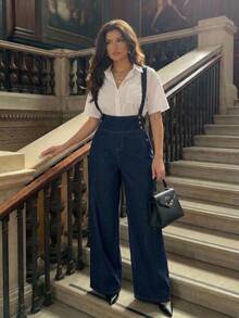 SHEIN MOD Jumpsuit Denim Longgar dengan Saku dan Kancing Serbaguna untuk Ukuran Plus - Aprikot - View 6