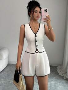 SHEIN Clasi 2026 Spring/Summer Women's Black And White Colorblock Sleeveless Blazer Vest + Wide Leg Shorts Suit Set Teachers' Day Brunch Business Casual - Apricot - View 3