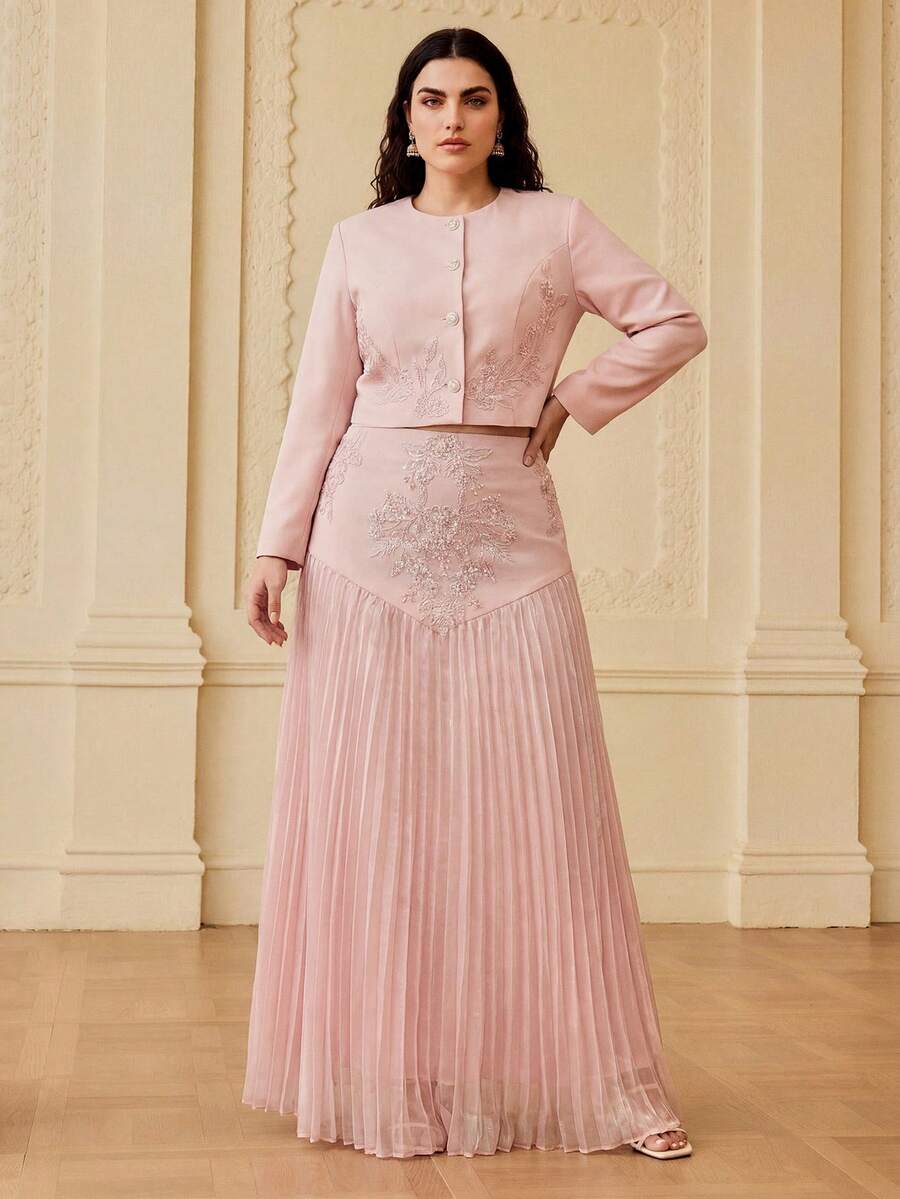 ZEYLAH 大尺碼女款刺繡百褶優雅長裙 - 粉色 - 查看 1