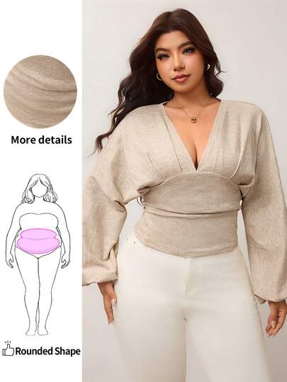 Enliva Plus Size Women's Summer Casual/Office Commute Solid Color Deep V-Neck Lantern Sleeve Ruched Fitted Long Sleeve T-Shirt