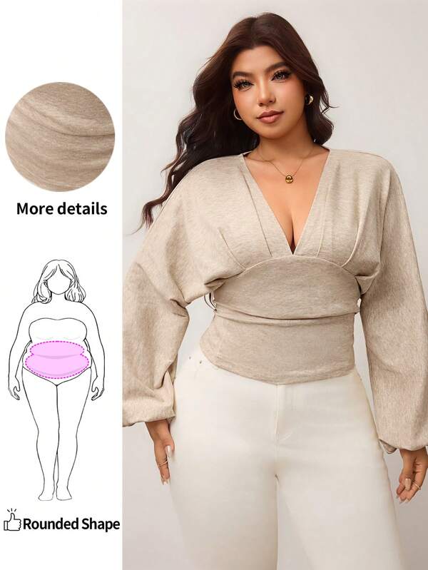Enliva Plus Size Women's Summer Casual/Office Commute Solid Color Deep V-Neck Lantern Sleeve Ruched Fitted Long Sleeve T-Shirt