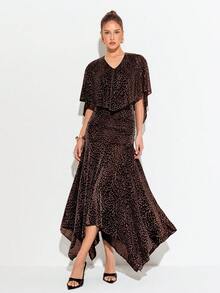 Barévion Dress Cinched A-Line Jacquard Cape V-Neck Handkerchief Hem Elegant Luxury Black Elegant Dresses For Party Formal Official Print Dress Summer - Brown - View 5