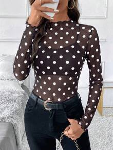 SHEIN Clasi 女款優雅性感豹紋網紗修身上衣 - 棕色 - 查看 6