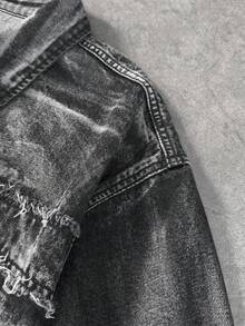 ROMWE MEN Camisa de mezclilla de manga corta con cremallera y parches de letras para hombre - Negro - Ver 3