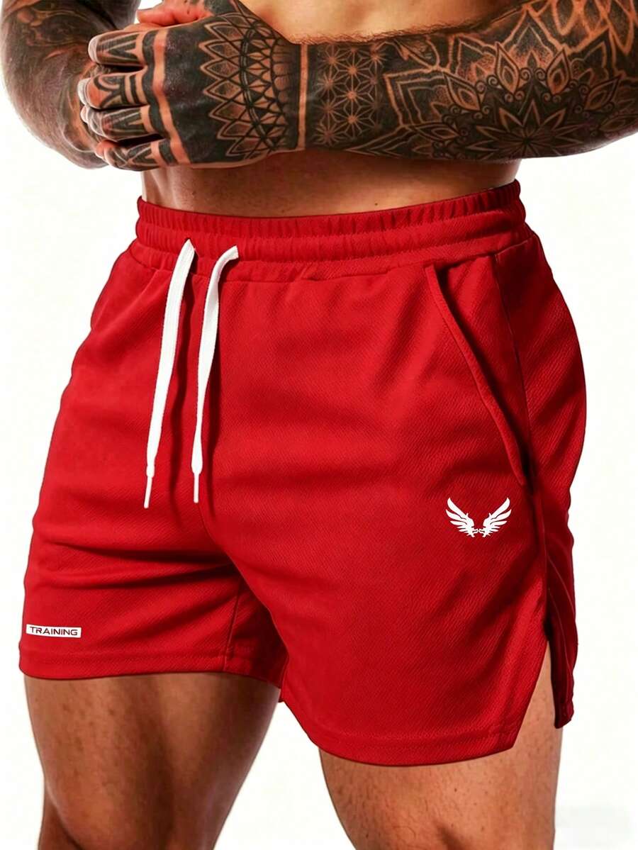 GymBeat Pantalones cortos deportivos para hombre con estampado de alas, cintura con cordón y bolsillos - Rojo - Ver 1