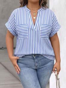 EMERY ROSE Plus Size Women's Striped Notch V-Neck Batwing Short Sleeve Blouse - Blue and White - View 4
