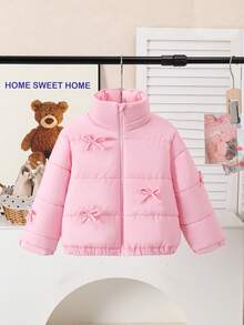 Young Girls Winter Sweet Style Beige Stand Collar Corduroy Padded Coat With Contrast Lining And Button Closure, Thickened Padded Coat - Baby Pink - View 7