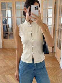 Serisse Women's Elegant 70s French Blouse With Frog Button Design And Contrast Lace, Beige Stand Collar Chinese Style Sleeveless Shirt, High Tea Party Summer - Beige - View 12