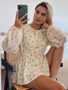 DAZY 女款圓領蝴蝶結寬鬆版型夏季襯衫 - 杏色 - 查看 6