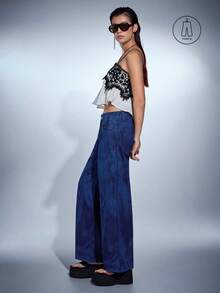 MERLEAU-F Pantalones vaqueros de mujer con estampado láser moderno, pernera ancha, para verano, viajes, casual, elegante, clásico, lujo, negocios casual, deportes - Azul - Ver 4