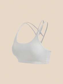 SHEIN Cheerettes 女款素色交叉背日常健身運動內衣 - 灰色 - 查看 5