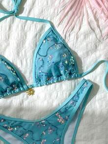 Costavie Swim Basics 2-Piece Spring/Summer Beach Vacation Textured Fabric Gold Sun Accessory Halter Triangle Bikini Top And High-Cut Bikini Bottom Women's Sexy Bikini Swimsuit Set - Mint Blue - View 3