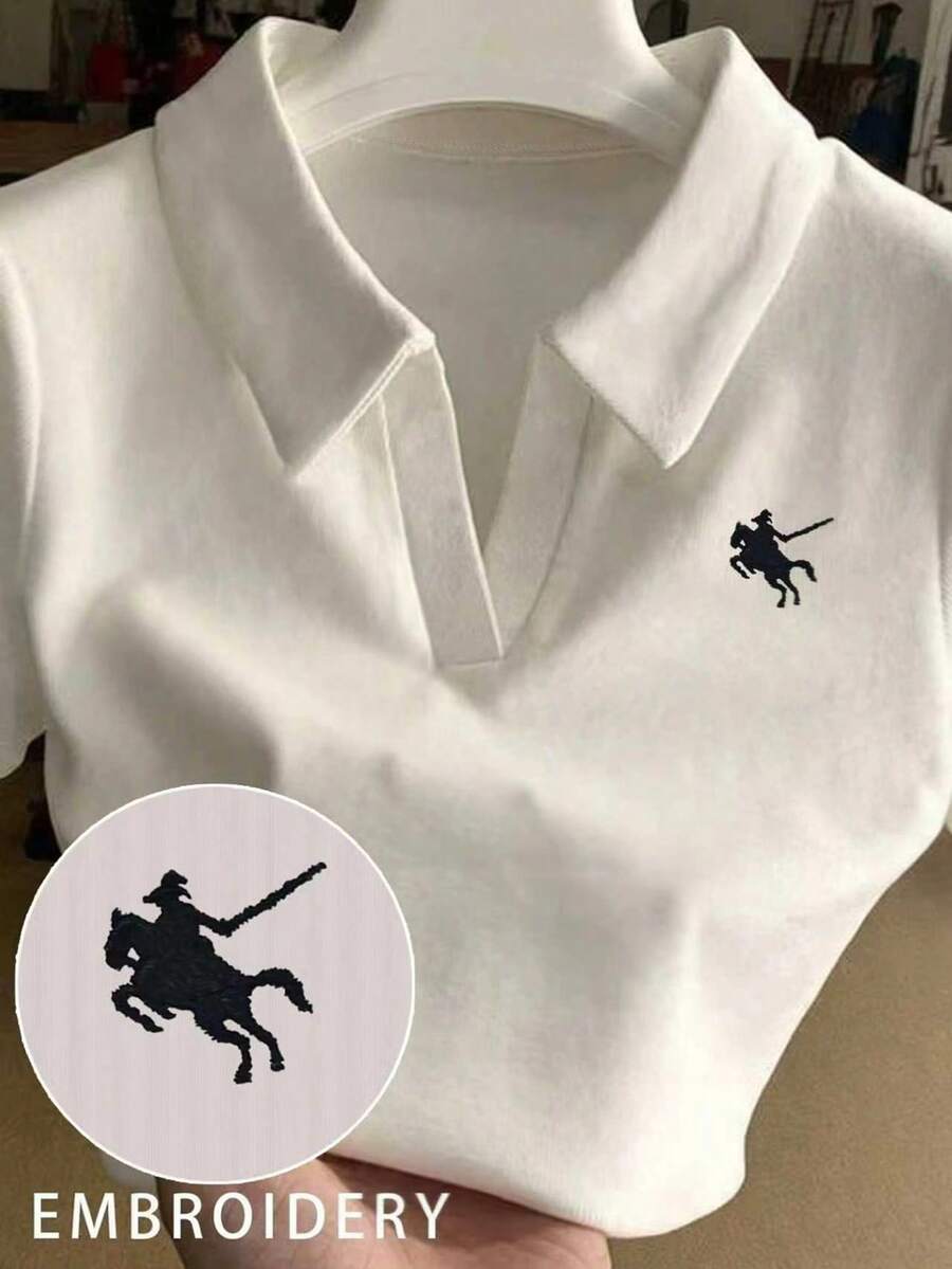 SHEIN Kaos Lengan Pendek Pas Badan dengan Kerah Bordir untuk Wanita, Natal - Putih - View 1