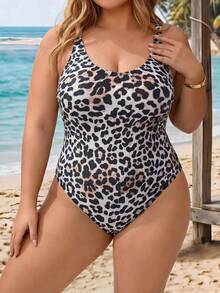 SHEIN CURVE+ 大尺碼女款豹紋連身泳衣，適合海灘度假、泳池派對、海灘派對 - 彩色 - 查看 4