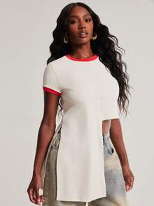NYA SZN Blusa de moda para mujer versátil con rayas, bloques de color y dobladillo asimétrico - Multicolor - View 4