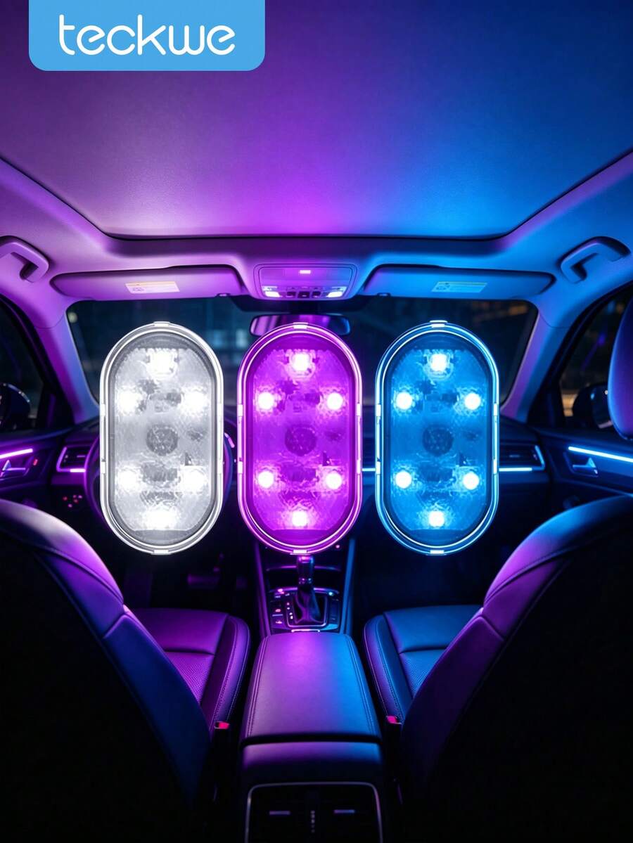 Teckwe 2pcs Magnetic Car Ambient Light Wireless, Pink Monochrome Light, Mini USB C Charging Car LED Light, 6 Bright LED Beads In The Car, Car Audio Control Light Suitable For Car Decoration, Home Life, Party Decoration Night Light 150mAh Rechargeable Lithium Battery; Equipped With USB Data Cable - 2 pieces - View 1
