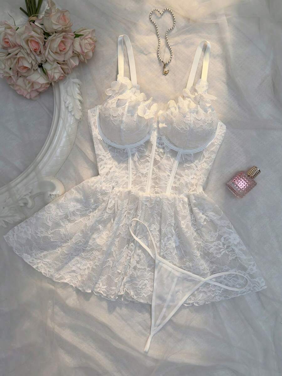 Crystal Vow Plus Size Sexy Bridal Lace Mesh A-Line Dress With 3D Floral Decor Spaghetti Strap Dress 2pcs Set - White - View 1