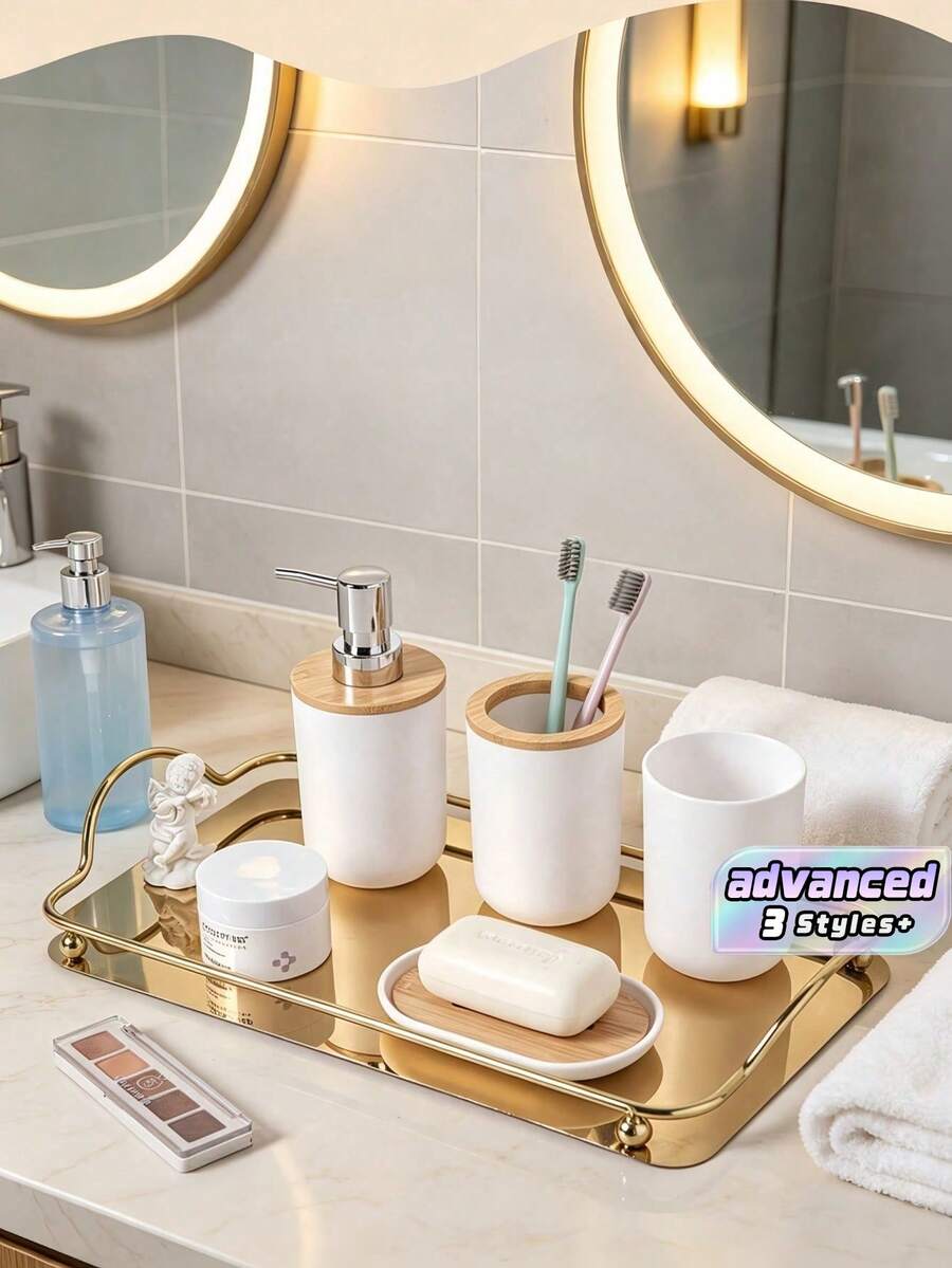 4Pcs Luxury Bathroom Accessory Set, Bamboo & Plastic Organizer With Lotion Bottle, Toothbrush Holder, Mouth Cup & Soap Dish, Ideal For Home Decor, Birthday, Housewarming & Holiday Gifts - multicolor - View 1