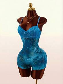 Amplova Women's Sexy Lace Patchwork Leopard Print Fitted Romper, Summer - Blue - View 3