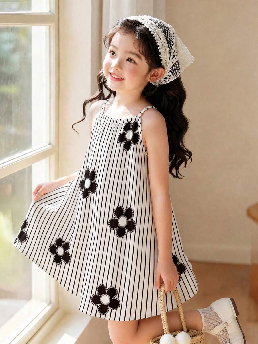 SHEIN Elladie kids 4-7岁女童碎花无袖连衣裙,轻薄面料,舒适休闲日常穿着 - 彩色 - 查看 1