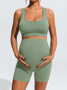 SHEIN 孕婦純色露背背心與短褲運動套裝 - 綠色 - 查看 9