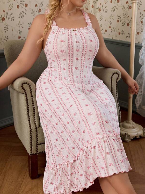 CottageSlumber Floral Print Pleated Shoulder Strap Plus Size Women's Camisole Nightgown