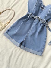 Elamini Women's Waist Corn Buckle Design Suspender Denim Romper - Light Wash - View 4