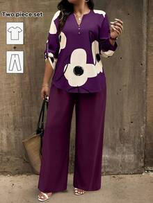 SHEIN LUNE Setelan Kasual Wanita Ukuran Besar dengan Atasan Motif Bunga dan Celana Polos, Musim Gugur/Dingin - MultiWarna - View 1