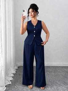 SHEIN Tall CURVE 大尺碼女款兩件套 優雅休閒純色V領無袖西裝背心與長直筒褲 早午餐辦公海軍藍夏季 - 藏蓝色 - 查看 1