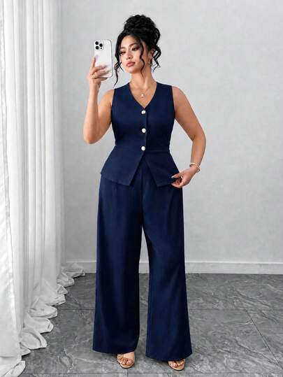 SHEIN Tall CURVE Conjunto de 2 piezas para mujer talla grande, elegante unicolor, blazer sin mangas con cuello en V y pantalones de pierna recta larga, adecuado para ir al trabajo