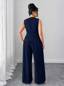 SHEIN Tall CURVE 大尺碼女款兩件套 優雅休閒純色V領無袖西裝背心與長直筒褲 早午餐辦公海軍藍夏季 - 藏蓝色 - 查看 2