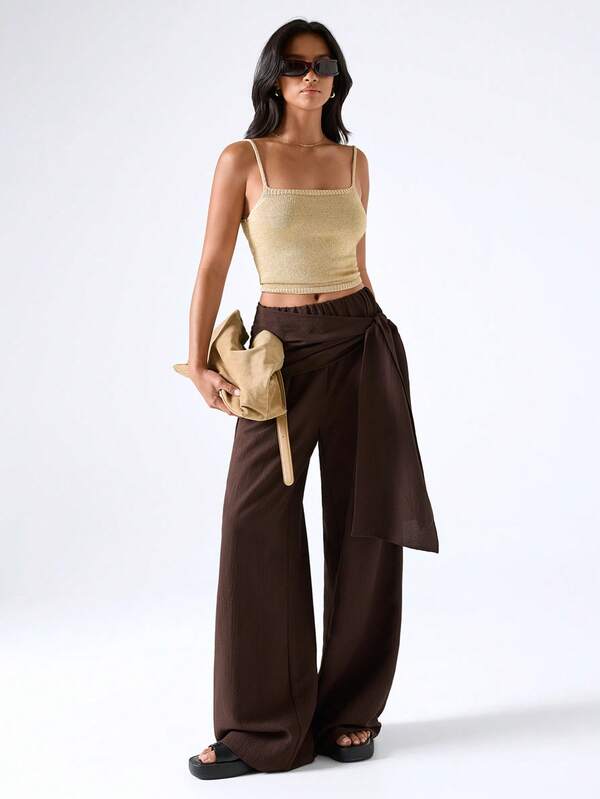 LYSMO Women's Minimalist Textured Tie-Waist Loose Wide Leg Long Pants