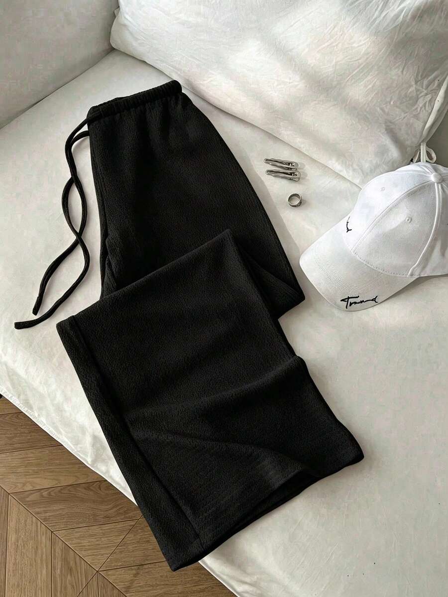 SHEIN Tall 女款夏季復古紋理鬆弛感超低腰休閒長褲,修身百搭純色垂墜直筒褲 - 黑色 - 查看 1