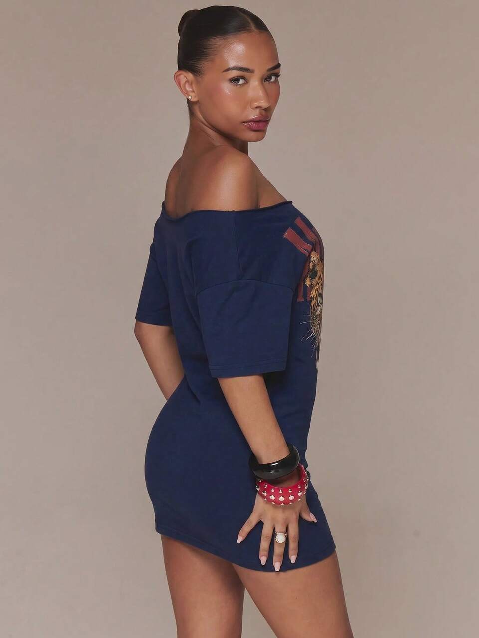 Fitted Off The Shoulder Graphic Leaopard Tshirt Mini Dress Cool Girl Leopard Print Costumes Holidays Party Spring Summer Casual Y2K