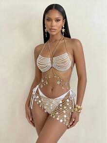 Sirith Cadena corporal con colgante de perlas falsas y lentejuelas, top sexy para vacaciones de mujer - Dorado - Ver 3