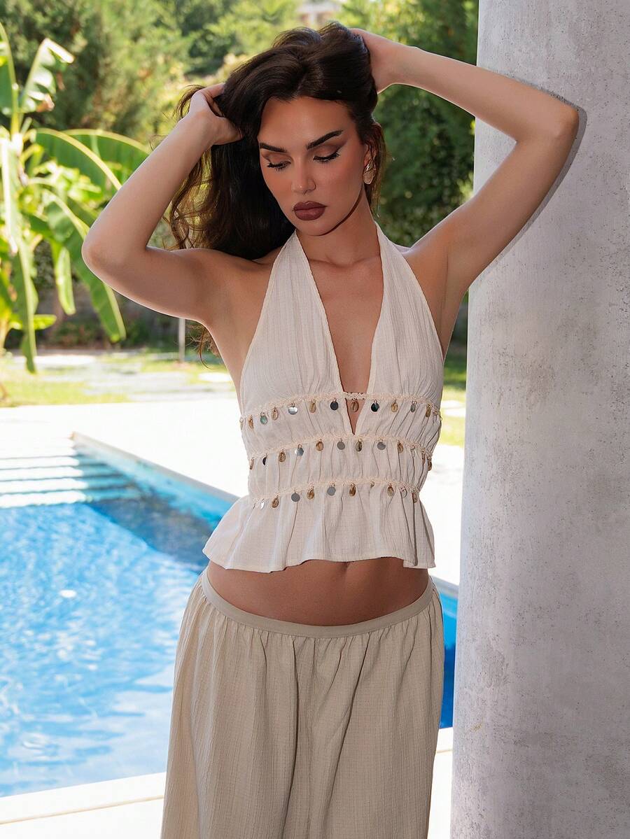 Bris Aura 1pc Apricot Backless Halter Neck Fringe Sequin Ruffle Hem Sexy Party Camisole Top For Women, Suitable For Christmas, Banquet Casual Summer - Apricot - View 1