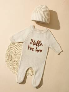SHEIN 2件組 Hello I'm Here 趣味圖案刺繡新生兒攝影服裝 針織海軍藍連身褲連身衣與帽子 嬰兒拍照道具 秋季款 - 米色 - 查看 4