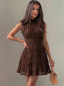Modelyn Vestido de cóctel elegante y romántico estilo francés para mujer, color marrón café, de gasa, sin mangas, con cintura fruncida, para vacaciones y fiestas - Café integral - Ver 4