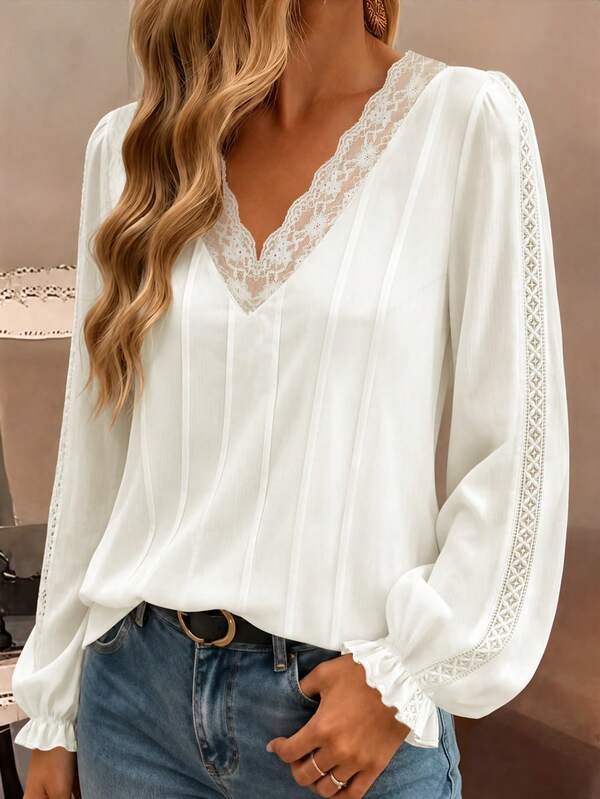 Weeklong Plus Size Women's Spring/Summer Fashion: Elegant, Casual, Minimalist And Versatile Vintage White Solid Color Lace Patchwork Top - Perfect For Spring/Summer Outfits