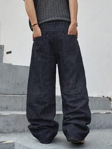 Manfinity EMRG Men's Pocket Button Casual Versatile Daily Travel Wide Leg Jeans - Black - View 2
