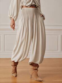 Anewsta Essential Anewsta Spring/Summer New Textured Waist Pleated Lantern Pants, Draped Cuffed Wide Leg Casual Slimming Versatile Loose Fit - Apricot - View 3