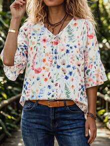 Linhara CURVE Plus Size Women's Floral Bow V-Neck Ruffle Loose Short Sleeve Blouse, Spring/Summer Fashion Versatile White Boho Business Casual Vacation - Multicolor - View 8