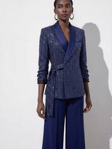 Aveloria Modichic Blazer Kain Tweed Berpayet dengan Desain Ikat Pinggang dan Celana Panjang Lebar Warna Polos, Gaya Vintage Prancis Elegan, Serbaguna untuk Pesta dan Perjalanan Sehari-hari - Navy Blue - View 5