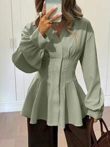 Siren Gaze Autumn/Winter New Waist-Cinched A-Line Long Sleeve Blouse For Women - Green - View 4